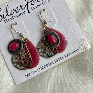 Silver Forest Vintage Red Filigree Drop Earrings with Antique-Gold Accents